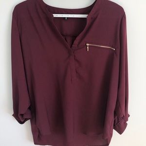 V-Neck Chiffon Blouse w/ Faux Pocket